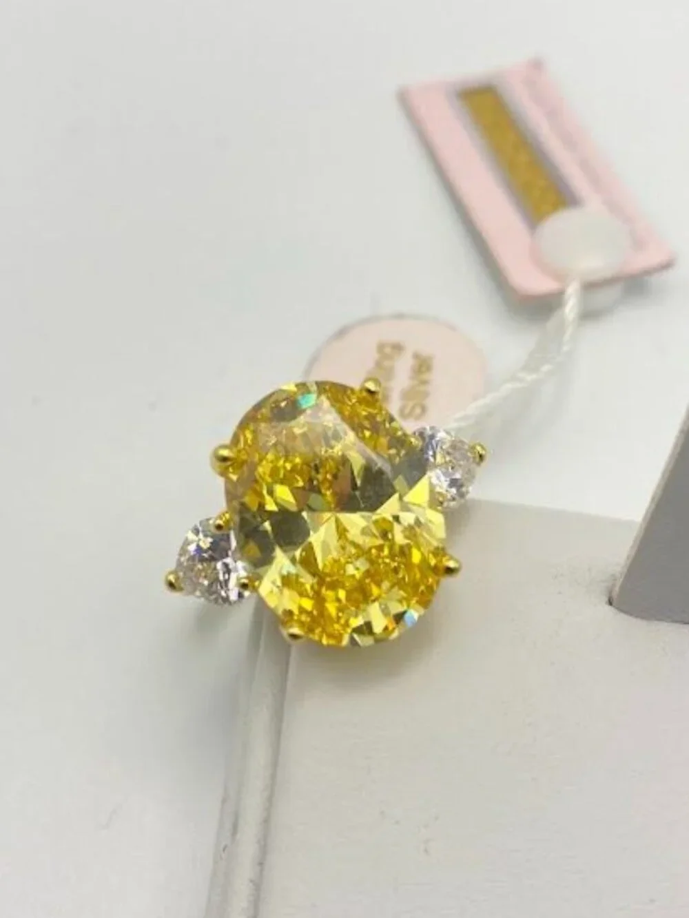 Gold Cake Ring Large Oval Canary Yellow CZ Crystal 925 Sterling Silver Size 8